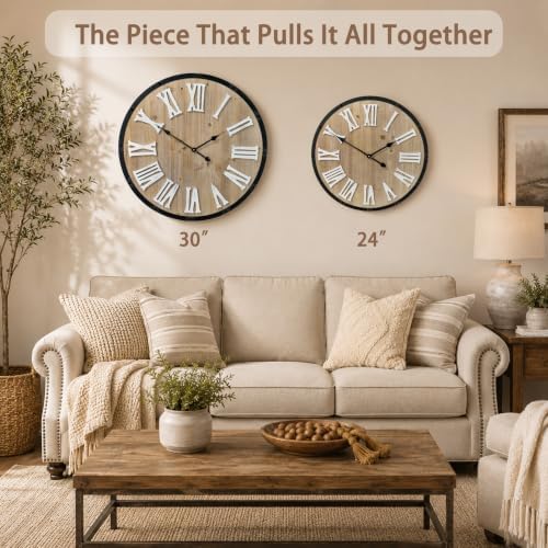 Oversized 30" Farmhouse Wall Clock, Rustic Wood Round Timepiece - Image 6