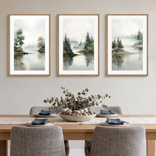 Large Foggy Forest Landscape Framed Canvas Wall Art Set, Natural Lake Scenery - Image 3