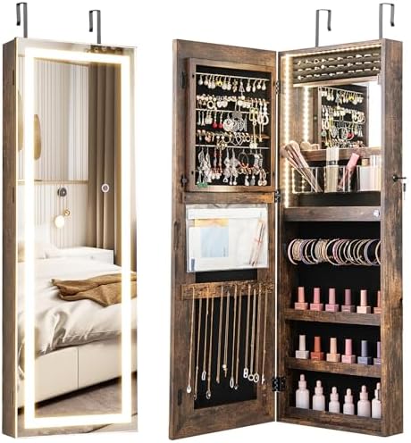 CHARMAID LED Mirror Jewelry Cabinet, Lockable Jewelry Armoire by CHARMAID