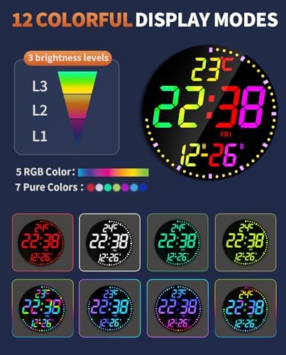12" Large Digital Wall Mount Clock, 12 RGB Color Alarm - Image 7