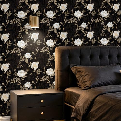 Laatse Vintage Dark Black Golden Floral Wallpaper Peel and Stick 17.5"x197" - Image 5