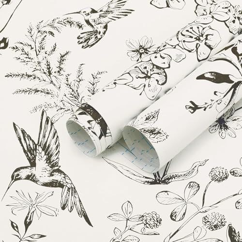 Safiyya Floral Birds Peel and Stick Wallpaper Black and White Wall Paper Peel by SAFIYYA