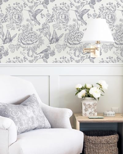 Safiyya Blue White Peel and Stick Wallpaper Floral Birds Butterfly Contact - Image 7