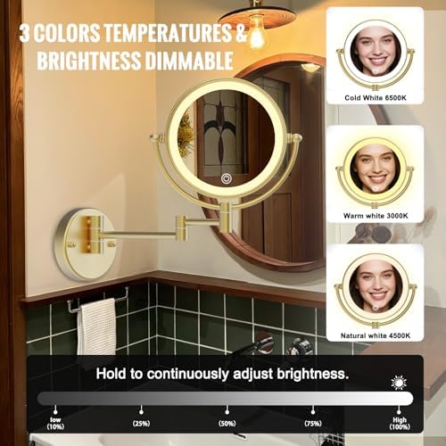 8" Lighted Magnifying Makeup Mirror Wall Mounted, Brushed Moderne Brass - Image 4