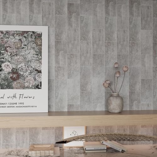 6" x 12" Concrete Gray Peel and Stick Backsplash Wall Tiles, PVC Faux Stone - Image 2