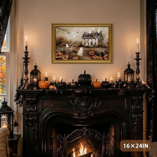 AVECCO Halloween Haunted House Ghost Wall Art Canvas Framed 12x16 in - Image 3