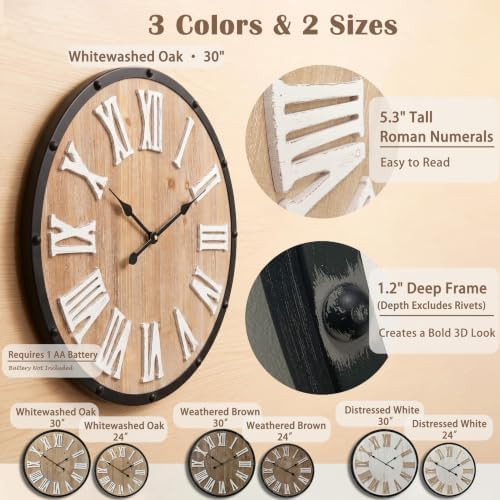Oversized 30" Farmhouse Wall Clock, Rustic Wood Round Timepiece - Image 2
