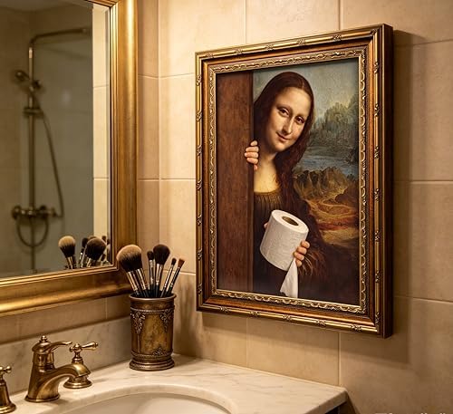 Funny Mona Lisa‑Inspired Lady Holding Toilet Paper Wall Art, Ornate Golden - Image 6