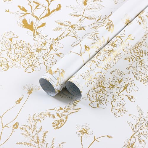 Safiyya Peel and Stick Wallpaper Gold and White Contact Paper 17.3"x393" Floral by SAFIYYA