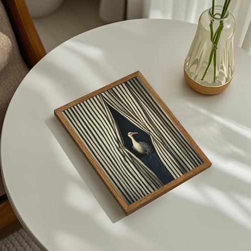 AVECCO Vintage Striped Curtain Moody Crane Wall Art Canvas Framed 8x10 in - Image 4