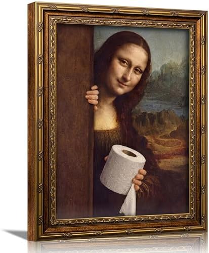 Funny Mona Lisa‑Inspired Lady Holding Toilet Paper Wall Art, Ornate Golden by Wallart
