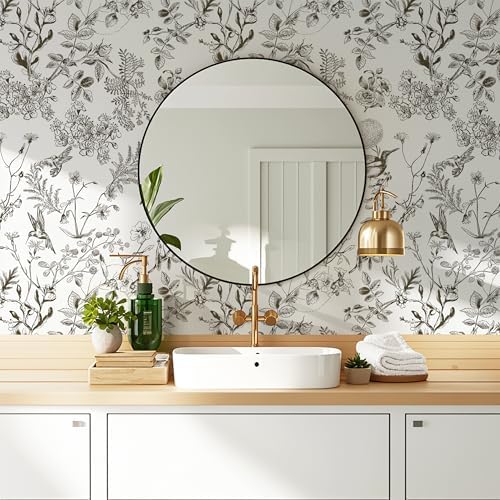 Safiyya Peel and Stick Wallpaper Floral Birds Contact Paper Black and White - Image 2