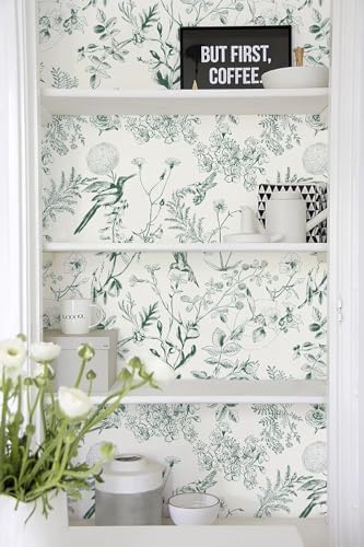 Safiyya Green White Peel and Stick Wallpaper Floral Birds Contact Paper Modern - Image 5