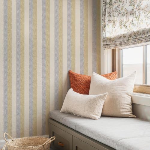Stripes Textured Peel and Stick Wallpaper 17.3"x400" Beige Yellow Blue - Image 5