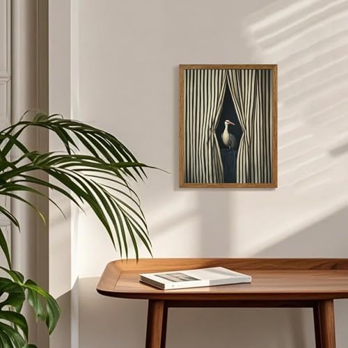 AVECCO Vintage Striped Curtain Moody Crane Wall Art Canvas Framed 8x10 in - Image 5