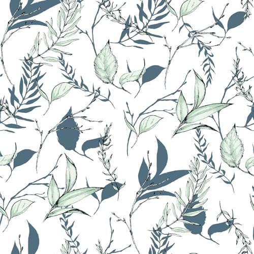 Sage Green and Blue Leaf Peel and Stick Wallpaper 17.7in x 88.5in by Akodm