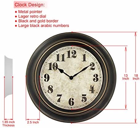 45MinST 18 Inches Retro Wall Clock, Silent Non Ticking Battery Operated Movement - Image 2