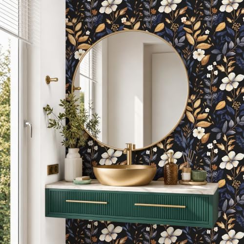Laatse Vintage Dark Blue Gold Floral Peel and Stick Wallpaper 17.5"x787" - Image 5
