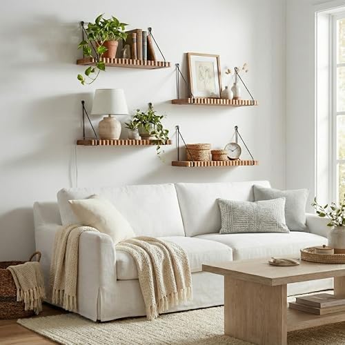 Hanging Shelves for Wall – Rustic Mango Wood Wall Shelves Set of 2 | Floating - Image 2