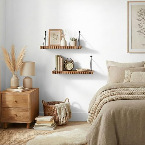 Hanging Shelves for Wall – Rustic Mango Wood Wall Shelves Set of 2 | Floating - Image 3