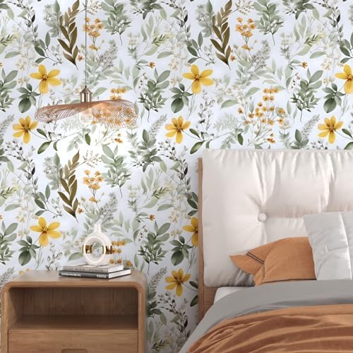 Laatse Vintage Green Yellow Wild Floral Botanical Wallpaper 17.5"x787" - Image 5