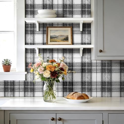 Livelynine Black Plaid Wallpaper Peel and Stick Black White Tartan Plaid - Image 2