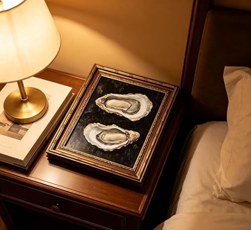 Vintage Gold Framed Oyster Wall Art Dark Moody Seafood Shell Shel Painting - Image 5