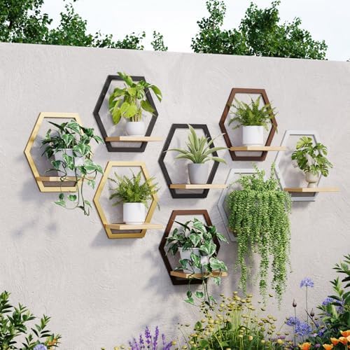 2 Pack Hexagon Wall Plant Stands, 9 Inch Wood Shelf Coffee - Image 6