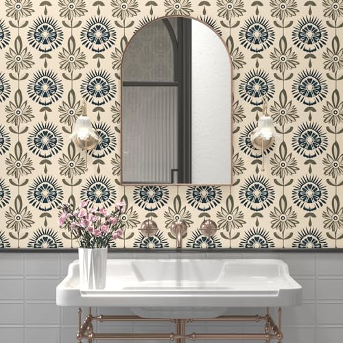 BOKEBEVE Boho Floral Peel and Stick Wallpaper Beige Blue 17.5 x 118In - Image 4