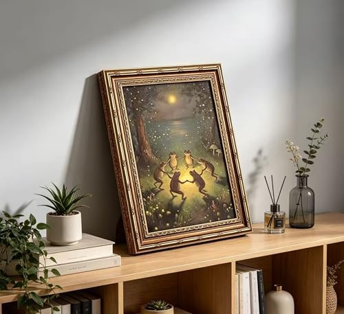 Vintage Gold Framed Frog Wall Art, Frogs Dancing in Moonlight Forest Painting - Image 5
