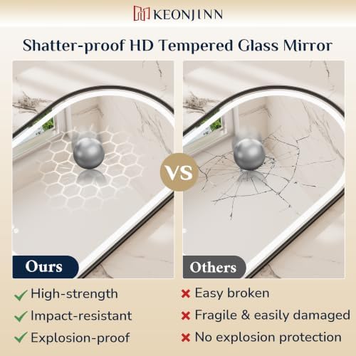 Keonjinn 26x38 Inch Black Arched LED Bathroom Mirror, Frontlit & Backlit - Image 4