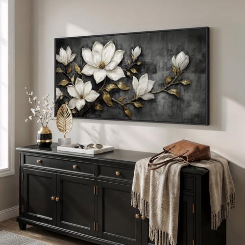 Large Framed Black and White Floral Wall Art - Image 2
