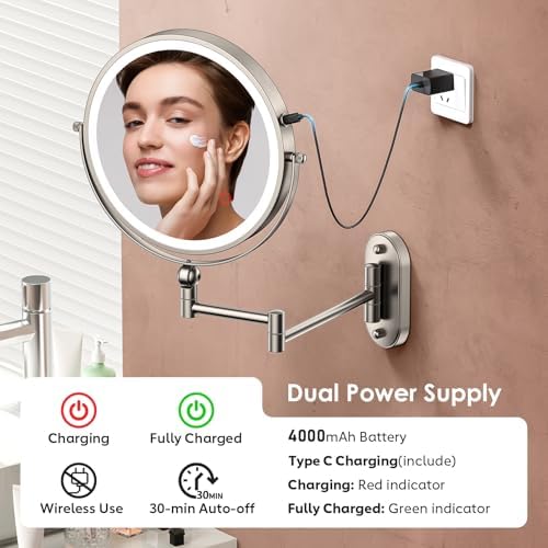 ZLOKLA 9" Wall Mounted Lighted Makeup Mirror, 4000mAh Rechargeable Double Sided - Image 5