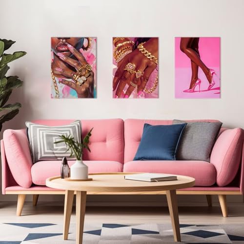 Black Girl Wall Art Set of 3 Pink Fashion Black Woman Canvas Wall Decor - Image 3