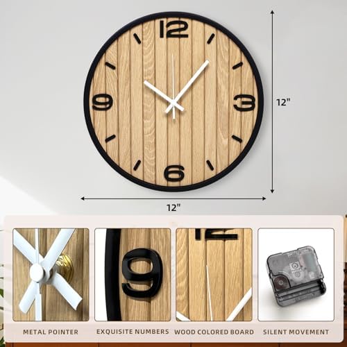 12 Inch Round Wall Clock Battery Operated, Wooden Decorative Analog Clocks - Image 2