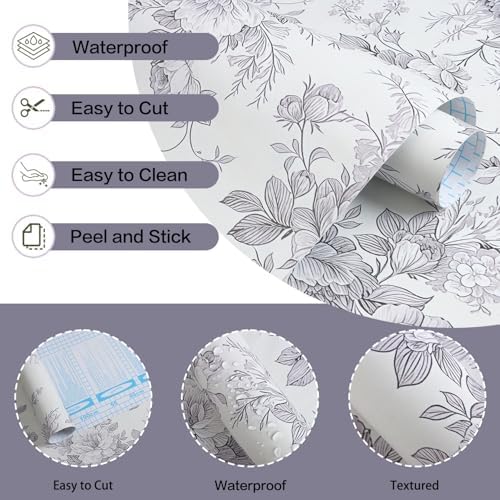 Jeweluck Gray White Floral Peel and Stick Wallpaper Vintage 16.9"x 196.8" - Image 5