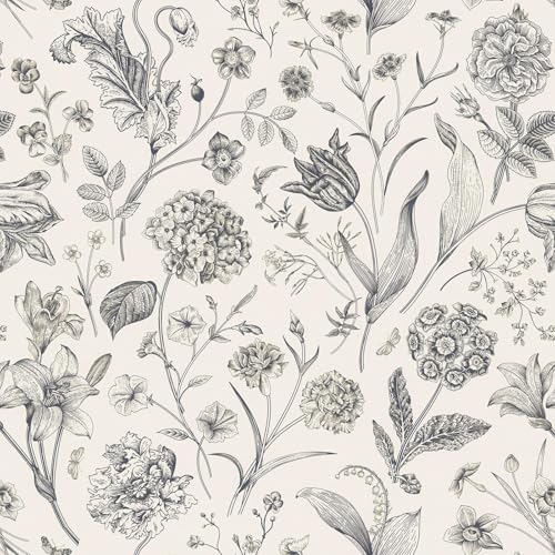 Beige and Black Floral Peel and Stick Wallpaper Floral 17in x 197in by lenify