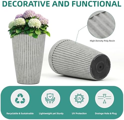 Autodaya 20" Resin Outdoor Tall Planters Set of 2, Ivory Fluted - Image 5