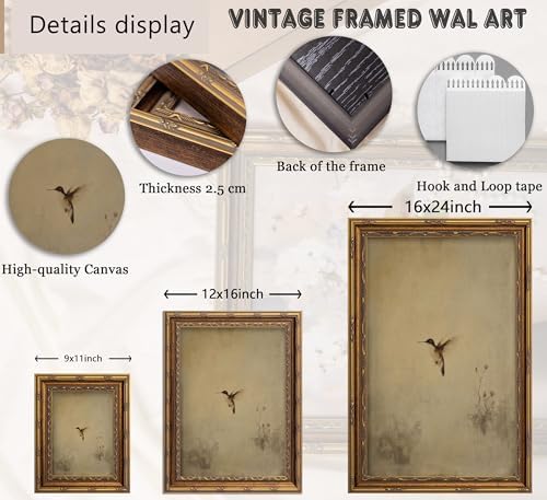 Vintage Gold Framed Hummingbird Wall art, Antique Flying Bird Oil Painting - Image 3