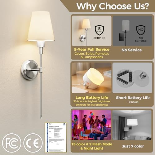 Battery Operated Wall Sconce: Set of 2 Wireless Wall Light 12000mAh - Image 2