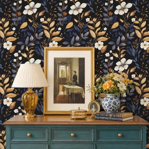 Laatse Vintage Dark Blue Gold Floral Peel and Stick Wallpaper 17.5"x787" - Image 3