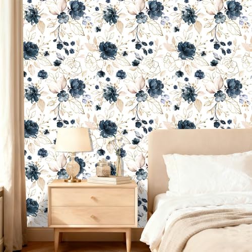 Navy Blue Floral Peel and Stick Wallpaper 17.7"x78.8" - Image 2
