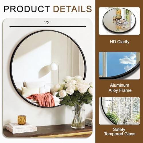 FGU Round Bathroom Mirror for Over Sink 2 Pack 22" Black Circle Wall Mirror - Image 3