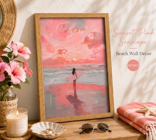 Framed Pink Surfer Girl Canvas Wall Art, Sunset Girly Picture Wall Decor - Image 2