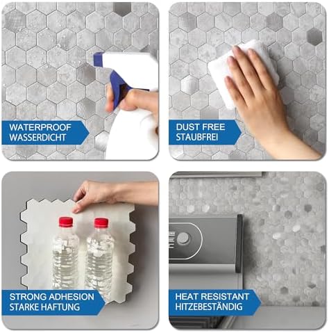 Peel and Stick Backsplash Hexagon Marble Tiles Cement Grey 5pcs - Image 6