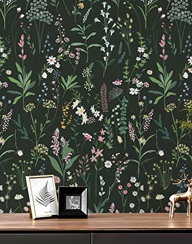 JiffDiff Dark Green Botanical Floral Peel and Stick Wallpaper, 17.3" x 118" by wallpaper