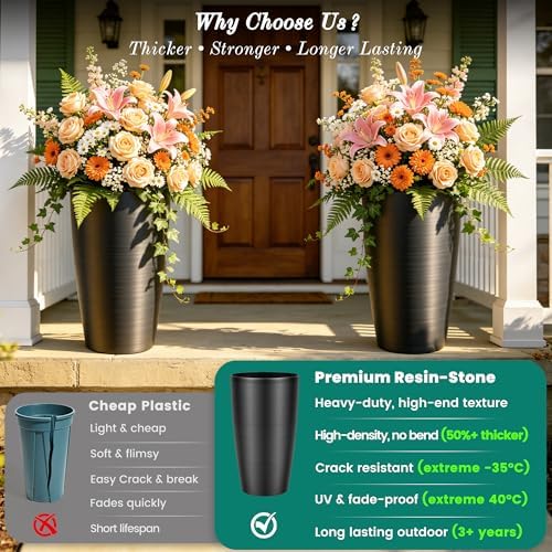 Autodaya 22.8" Tall Outdoor Planters Set of 2, Faux Brushed Steel Finish - Image 3