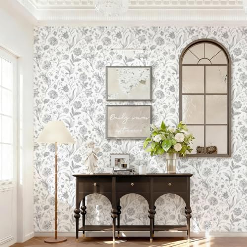 White Grey Vintage Floral Peel and Stick Wallpaper 17in x 118in - Image 2