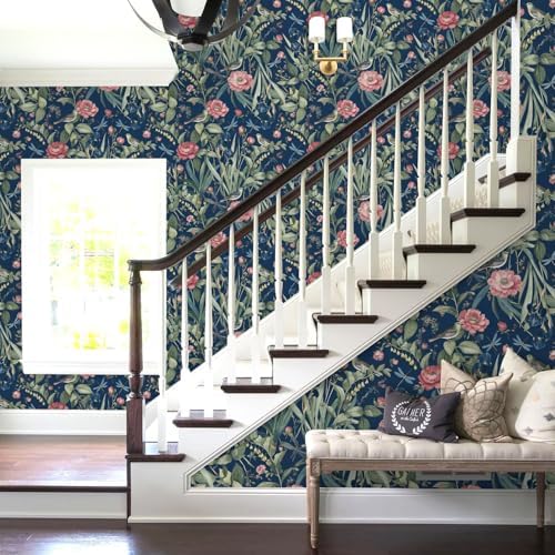 Navy Bird and Floral Peel and Stick Wallpaper Vintage 17in x 393in - Image 7