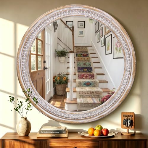 36 Inch Large Round Wood Mirror, Rustic Farmhouse Circle Mirrors by BaroqueFarmhouseWallMirro